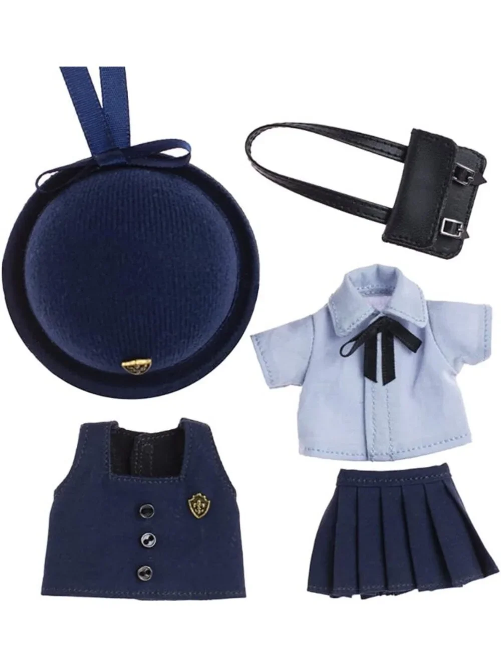 Kindergarten Uniform Set for 1/12 BJD Dolls - Hat, Vest, Shirt, Skirt & Backpack